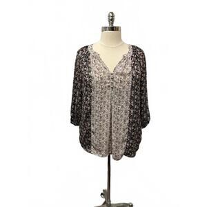 Lila Rose Women's Size 1X Black White Floral Button Down BOHO Tunic Top Blouse